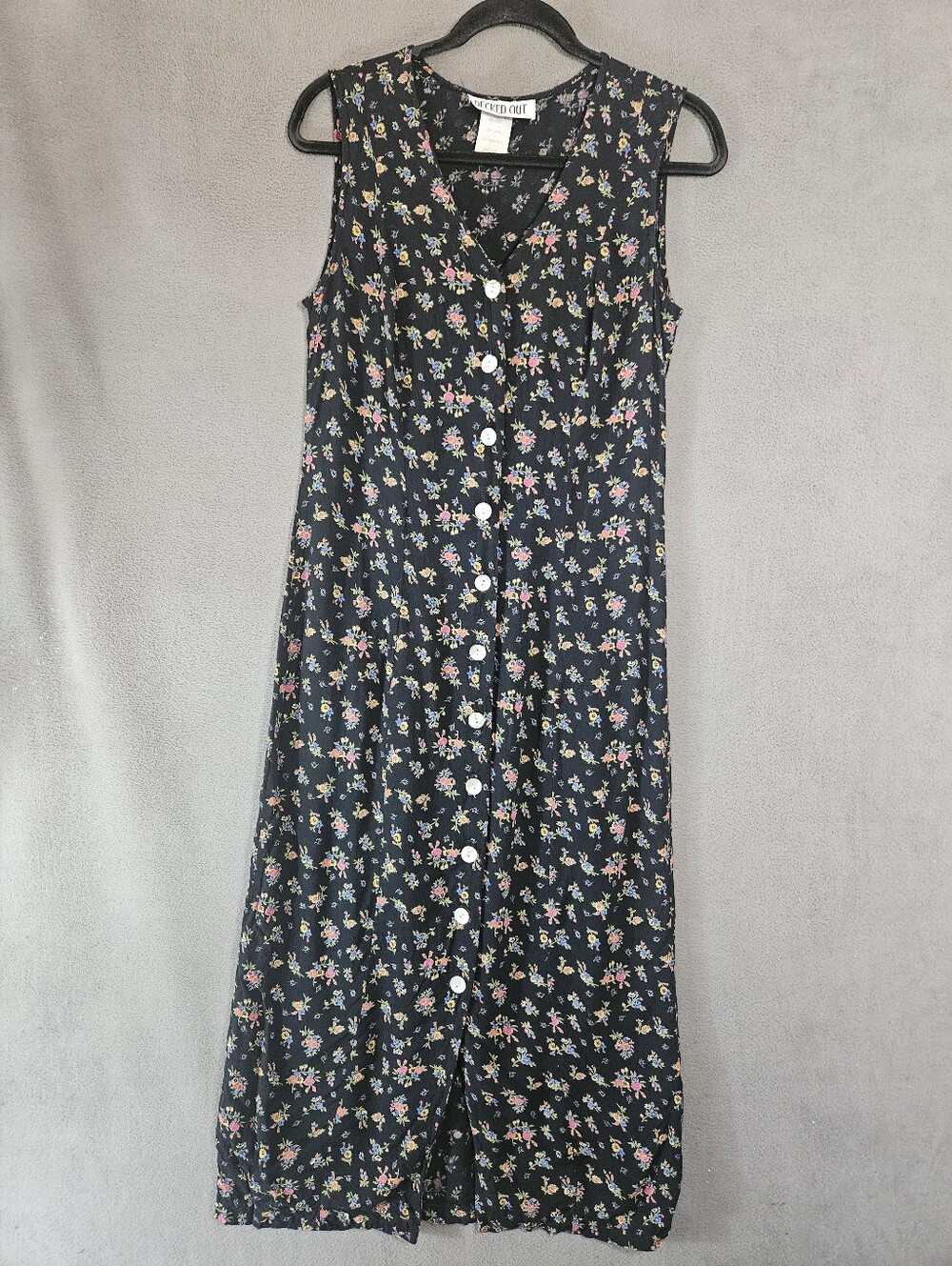 Vintage 90s Decked Out Maxi Dress Cottagecore Buttons Size 8 Black Floral Tank